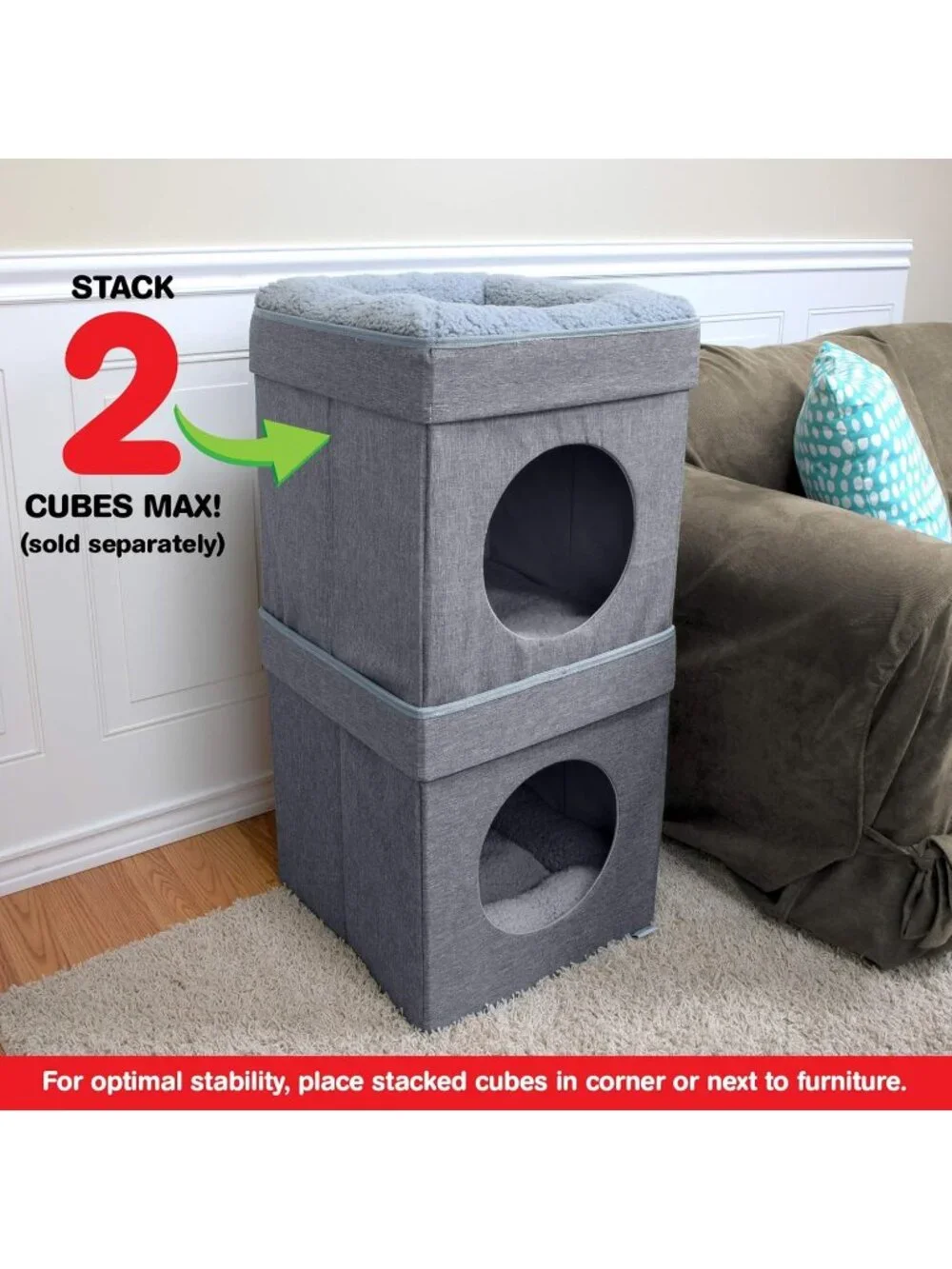 New Large Cat Bed Stackable Cat Cube, Indoor House & Condo with Scratcher - Grey